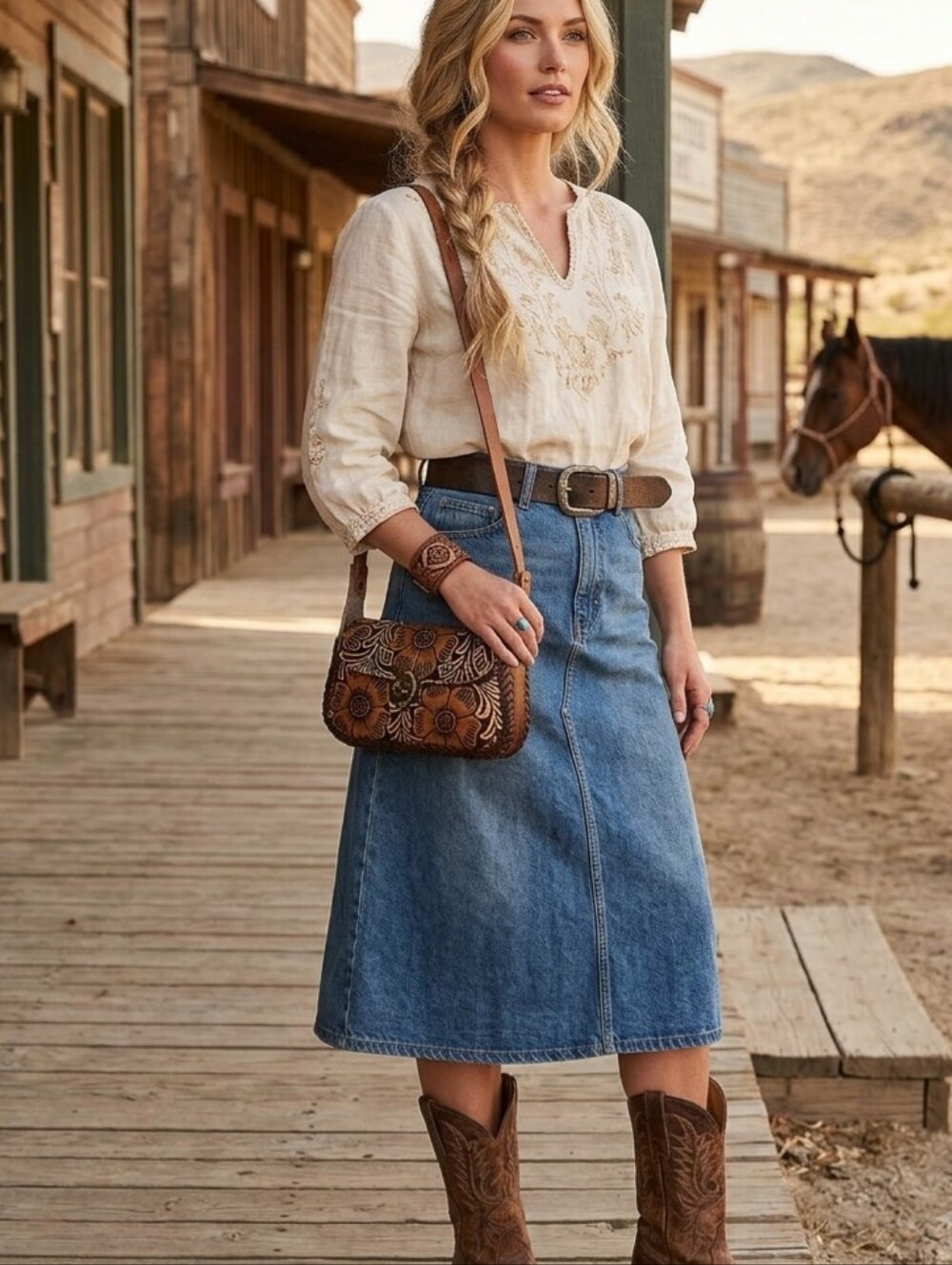 Small Hand-Tooled Floral Leather Crossbody Mini Bag in Tan